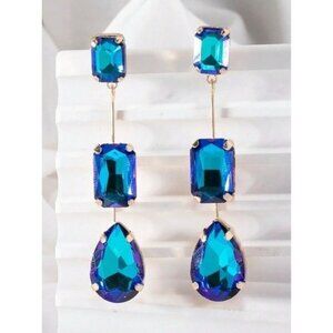 Blue Crystal Drop Dangle Earrings With Gold-Plated Setting For Women